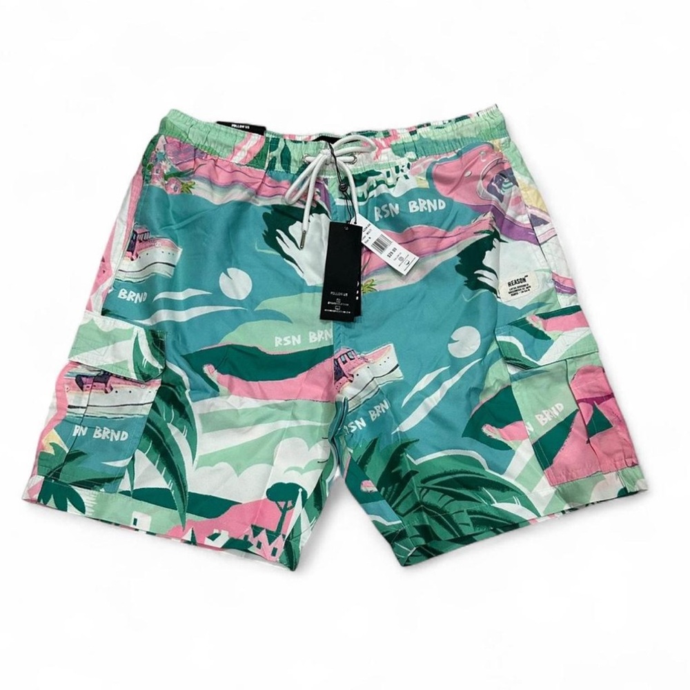 NWT Reason Men’s Green and Pink Tropical Vibes Print Shorts Swim Trunks Size M